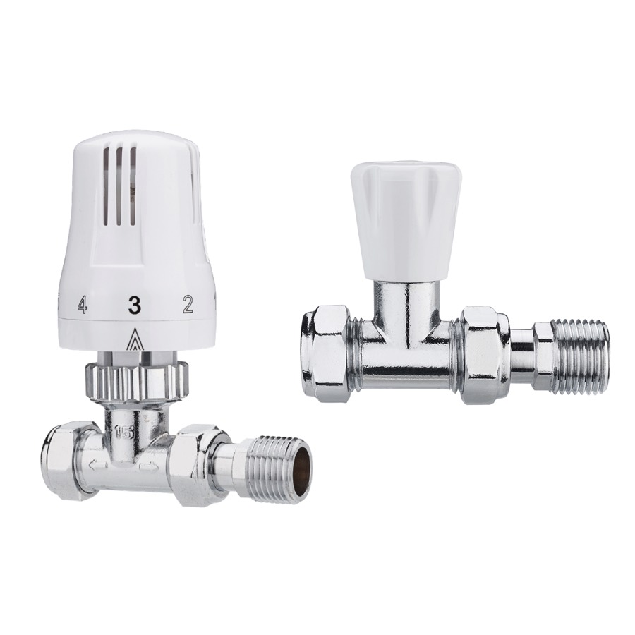 White & Chrome Straight TRV & Lockshield Set – 15mm