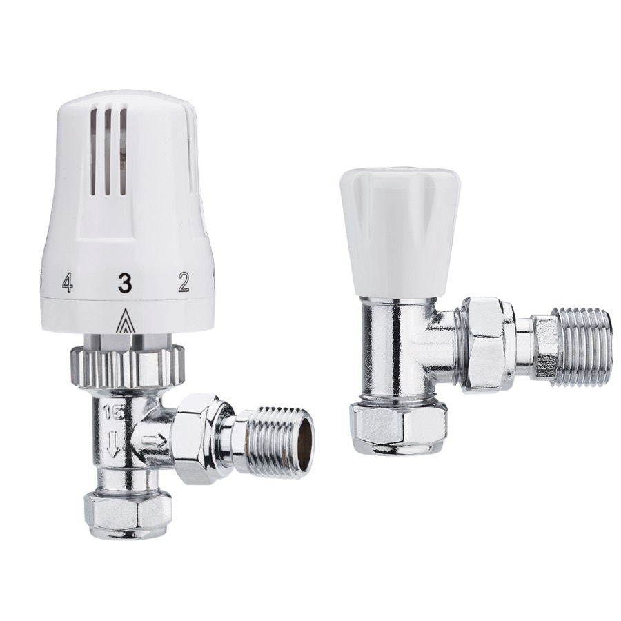 White & Chrome Angled TRV & Lockshield Set – 15mm