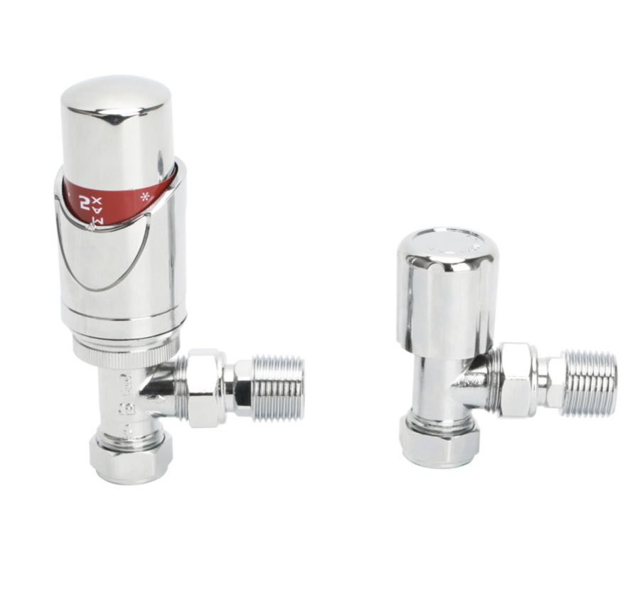 Silver Angled Radiator TRV & Lockshield Set – 15mm